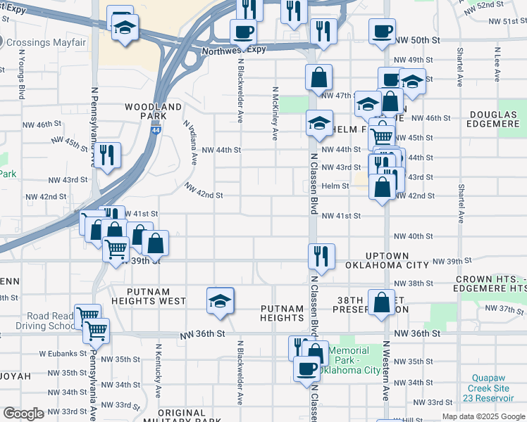 map of restaurants, bars, coffee shops, grocery stores, and more near 1509 Northwest 41st Street in Oklahoma City
