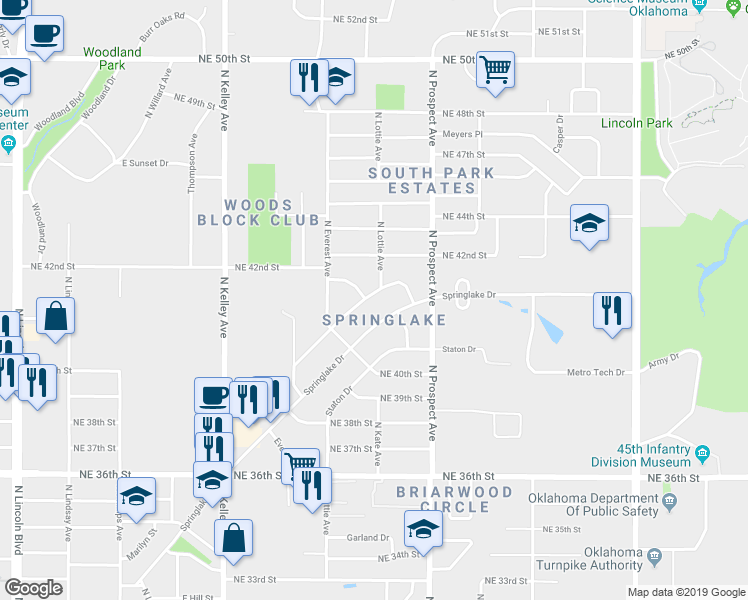 map of restaurants, bars, coffee shops, grocery stores, and more near 1304 Campbell Road in Oklahoma City