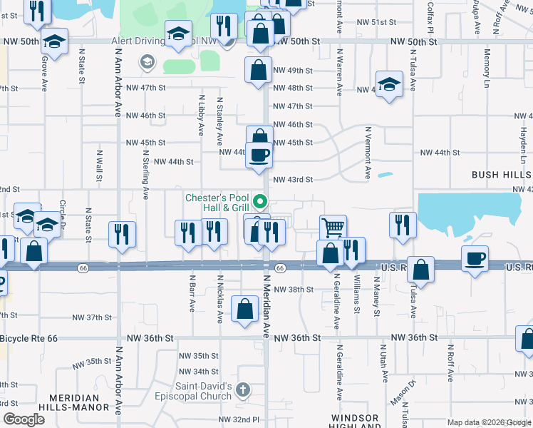 map of restaurants, bars, coffee shops, grocery stores, and more near 4100 North Meridian Avenue in Oklahoma City