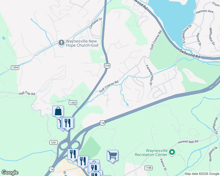 map of restaurants, bars, coffee shops, grocery stores, and more near 128 Golf Course Road in Waynesville