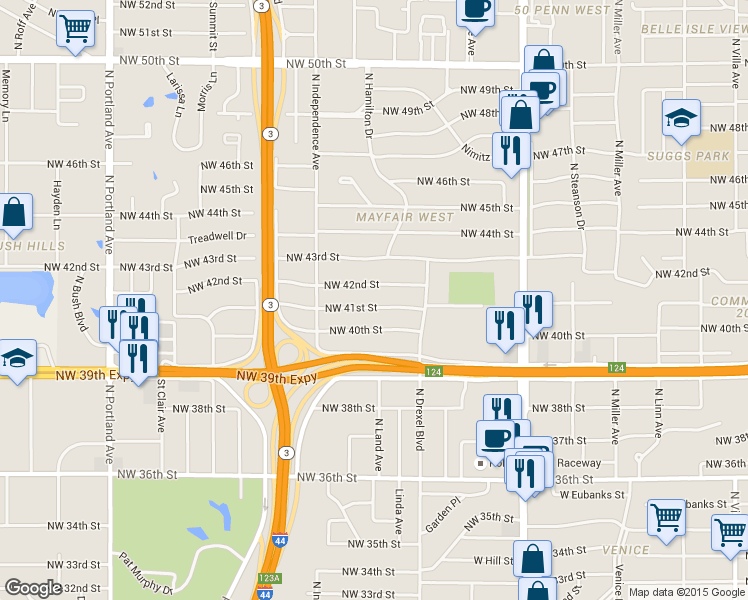 map of restaurants, bars, coffee shops, grocery stores, and more near 3151 Northwest 41st Street in Oklahoma City