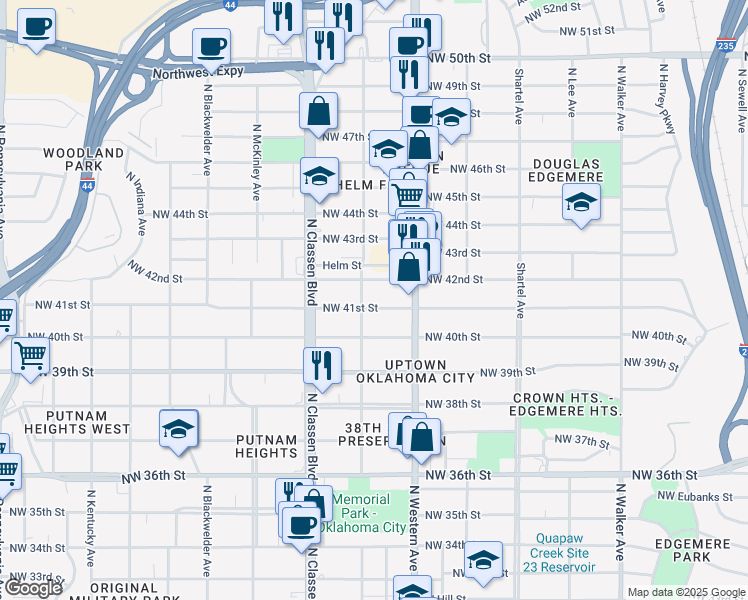 map of restaurants, bars, coffee shops, grocery stores, and more near 1139 Northwest 41st Street in Oklahoma City