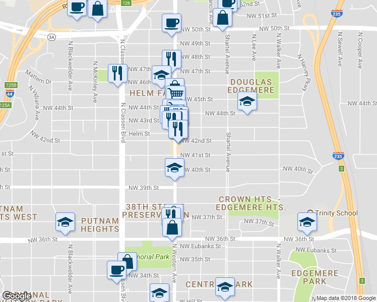 map of restaurants, bars, coffee shops, grocery stores, and more near 1001 Northwest 41st Street in Oklahoma City