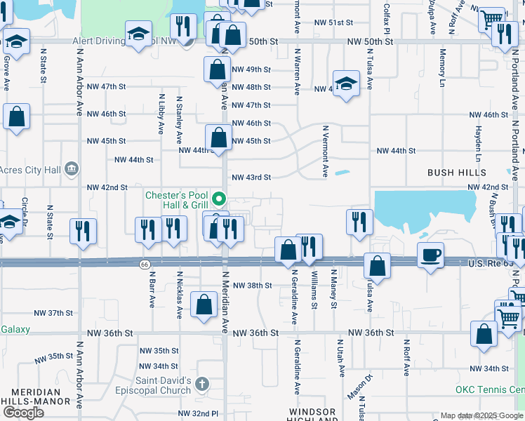map of restaurants, bars, coffee shops, grocery stores, and more near 4200 North Meridian Avenue in Oklahoma City