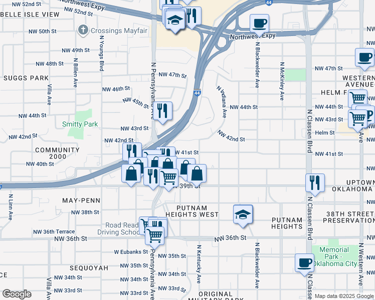 map of restaurants, bars, coffee shops, grocery stores, and more near 1921 Northwest 41st Street in Oklahoma City
