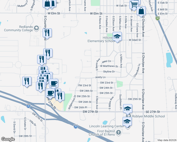 map of restaurants, bars, coffee shops, grocery stores, and more near 804 Ashland Drive in El Reno