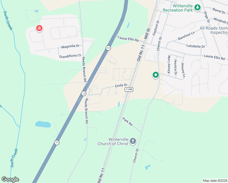 map of restaurants, bars, coffee shops, grocery stores, and more near 3015 A Cheryl Court in Winterville