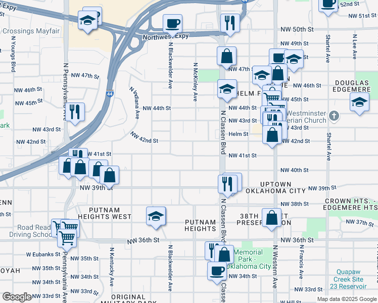 map of restaurants, bars, coffee shops, grocery stores, and more near 1509 Northwest 41st Street in Oklahoma City