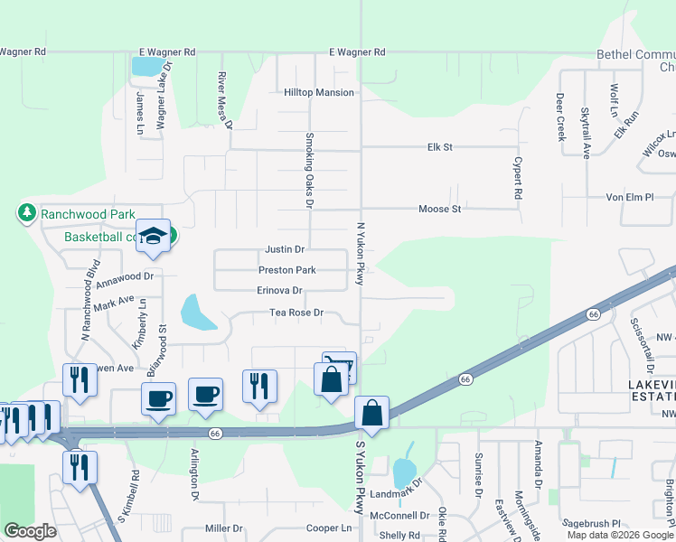 map of restaurants, bars, coffee shops, grocery stores, and more near 1008 Preston Park in Yukon