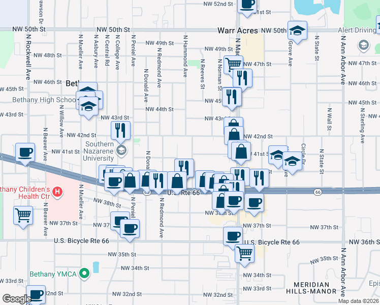 map of restaurants, bars, coffee shops, grocery stores, and more near 4199 North Hammond Avenue in Bethany