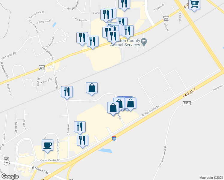 map of restaurants, bars, coffee shops, grocery stores, and more near 331 East Peedin Road in Smithfield