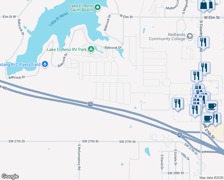map of restaurants, bars, coffee shops, grocery stores, and more near Interstate 40 in El Reno