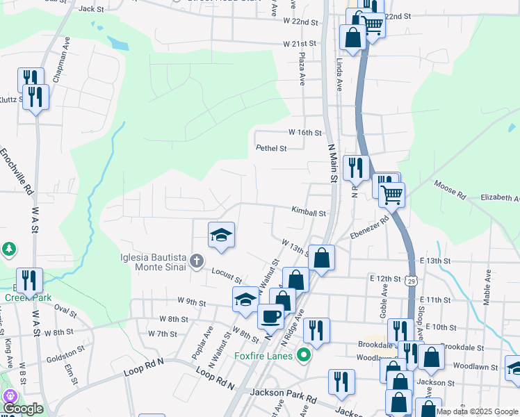 map of restaurants, bars, coffee shops, grocery stores, and more near 265 Kimball Street in Kannapolis