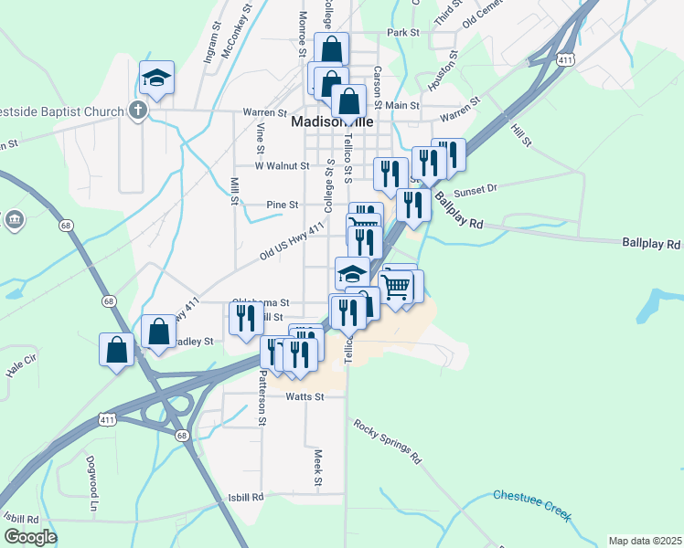 map of restaurants, bars, coffee shops, grocery stores, and more near 702 Tellico Street South in Madisonville