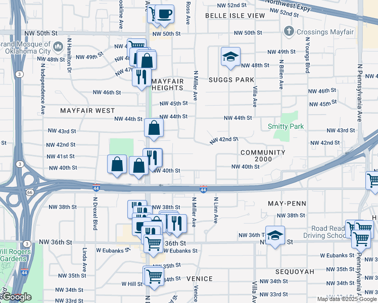 map of restaurants, bars, coffee shops, grocery stores, and more near 2717 Northwest 41st Street in Oklahoma City
