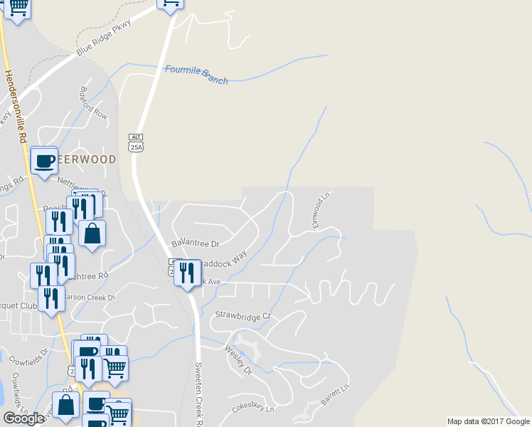 map of restaurants, bars, coffee shops, grocery stores, and more near 29 Ballantree Drive in Asheville