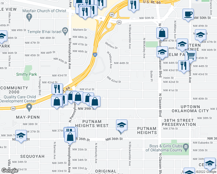 map of restaurants, bars, coffee shops, grocery stores, and more near 1737 Northwest 41st Street in Oklahoma City