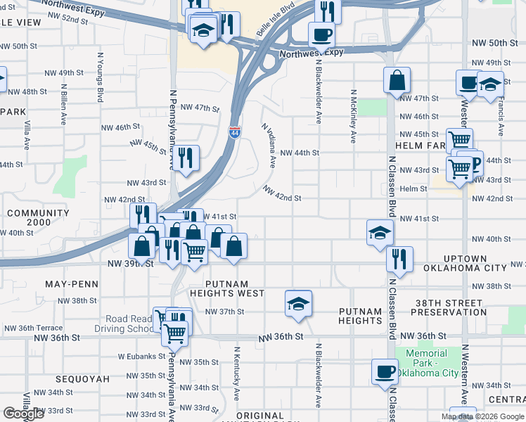 map of restaurants, bars, coffee shops, grocery stores, and more near 1737 Northwest 41st Street in Oklahoma City