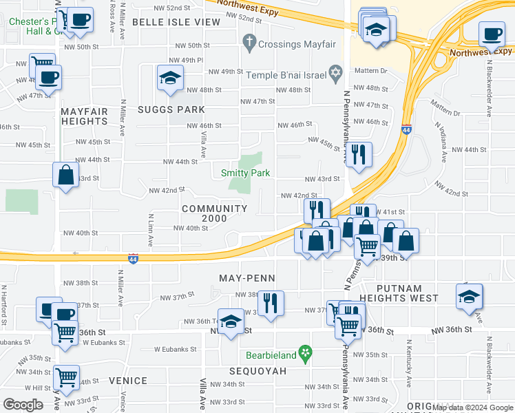 map of restaurants, bars, coffee shops, grocery stores, and more near 4201 North Youngs Boulevard in Oklahoma City