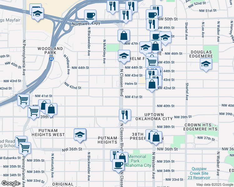 map of restaurants, bars, coffee shops, grocery stores, and more near 4207 North Classen Boulevard in Oklahoma City