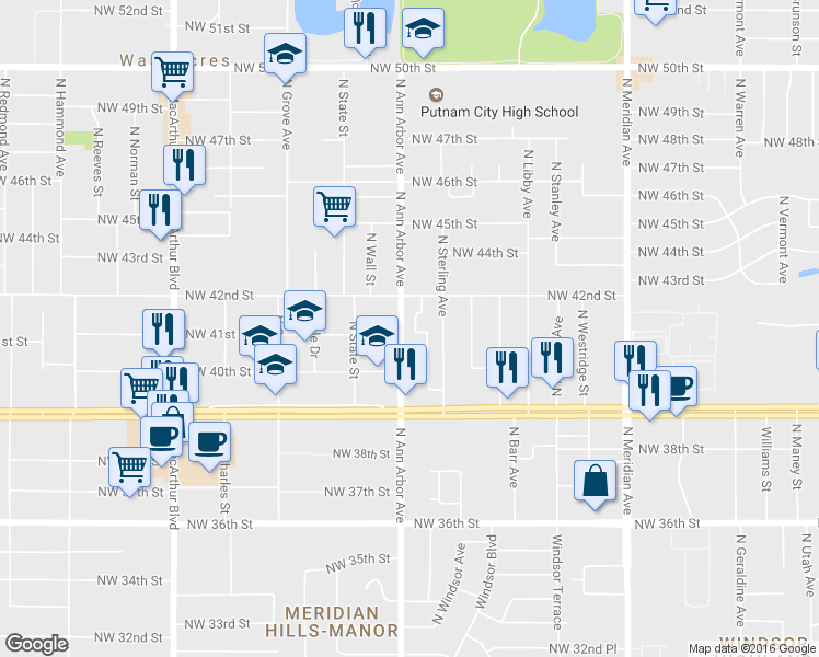 map of restaurants, bars, coffee shops, grocery stores, and more near 4200 North Ann Arbor Avenue in Oklahoma City