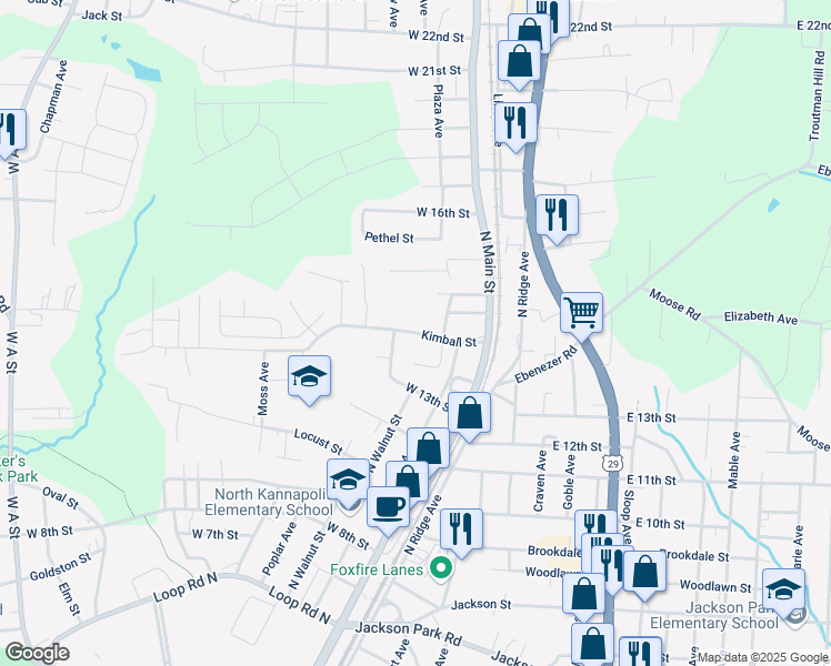 map of restaurants, bars, coffee shops, grocery stores, and more near 245 Kimball Street in Kannapolis