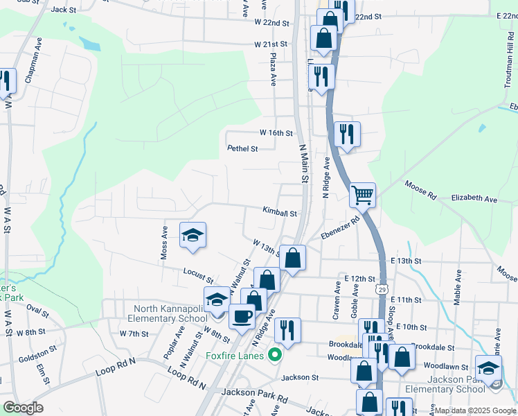 map of restaurants, bars, coffee shops, grocery stores, and more near 235 Kimball Street in Kannapolis