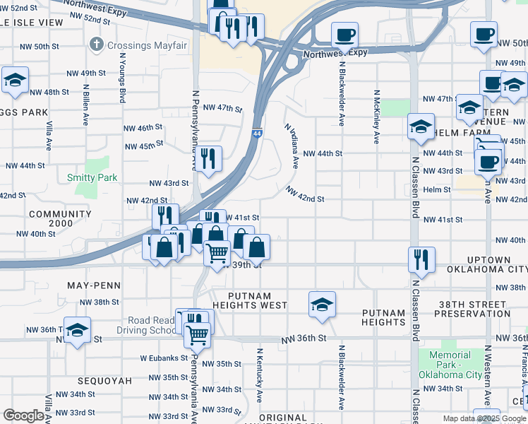 map of restaurants, bars, coffee shops, grocery stores, and more near 4202 North Kentucky Avenue in Oklahoma City