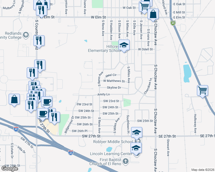 map of restaurants, bars, coffee shops, grocery stores, and more near 614 Skyline Drive in El Reno