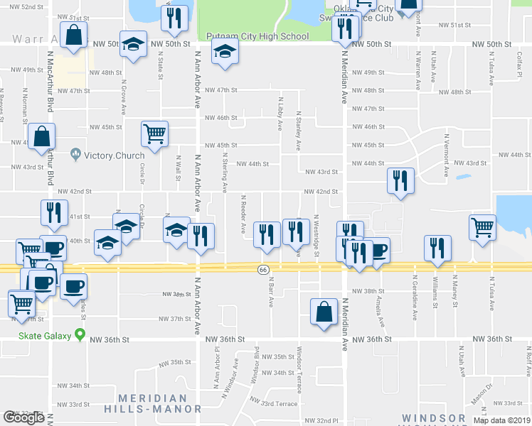 map of restaurants, bars, coffee shops, grocery stores, and more near 4206 North Barr Avenue in Oklahoma City