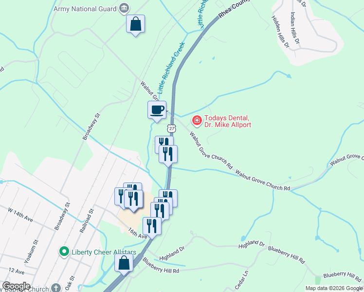 map of restaurants, bars, coffee shops, grocery stores, and more near 7900 Rhea County Highway in Dayton