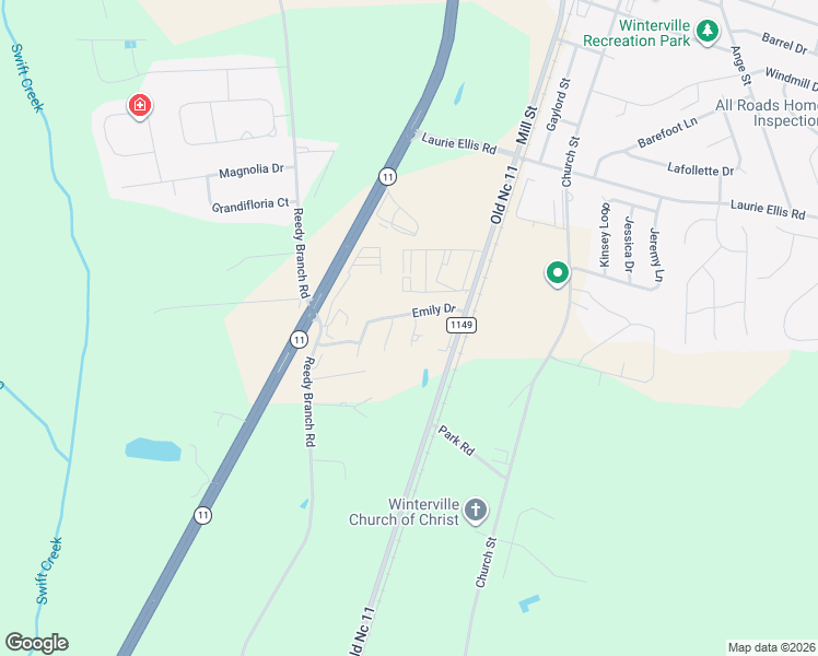 map of restaurants, bars, coffee shops, grocery stores, and more near 3015 A Cheryl Court in Winterville