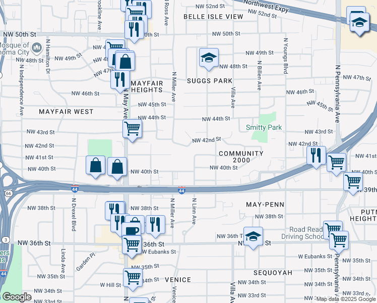 map of restaurants, bars, coffee shops, grocery stores, and more near 2614 Northwest 42nd Street in Oklahoma City