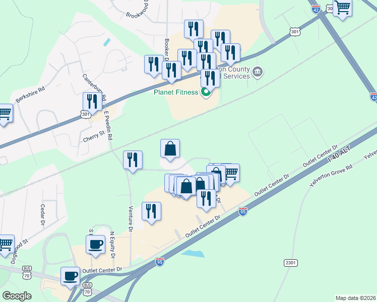 map of restaurants, bars, coffee shops, grocery stores, and more near 331 East Peedin Road in Smithfield