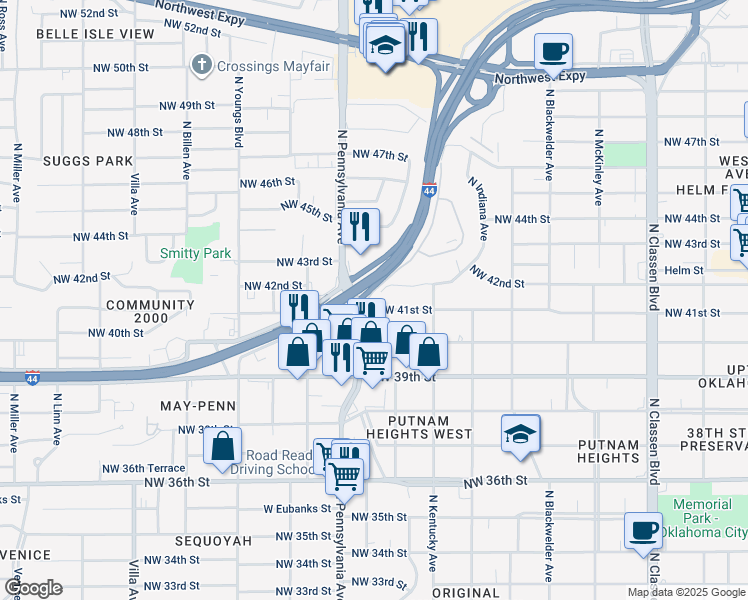 map of restaurants, bars, coffee shops, grocery stores, and more near 4200 Hemingway Drive in Oklahoma City