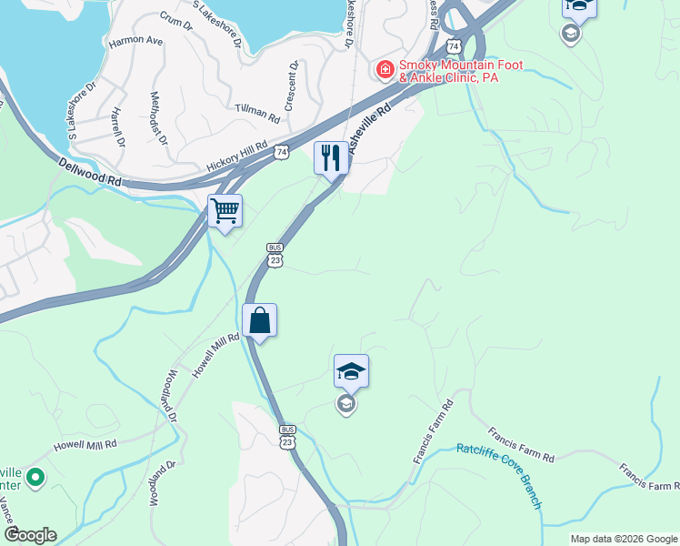 map of restaurants, bars, coffee shops, grocery stores, and more near 192 Junaluska Oaks Drive in Waynesville
