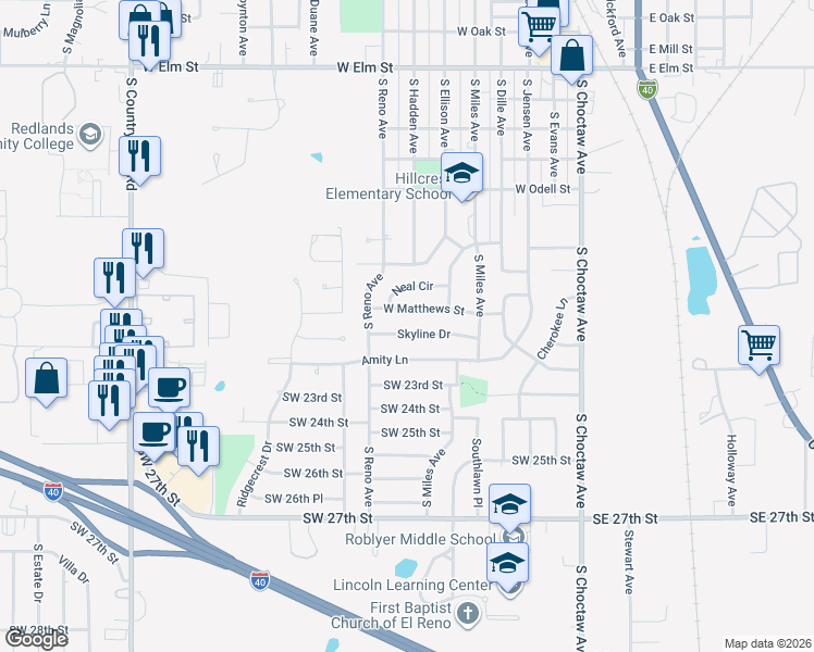 map of restaurants, bars, coffee shops, grocery stores, and more near 614 Skyline Drive in El Reno
