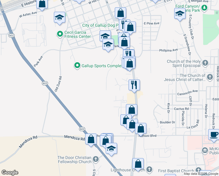 map of restaurants, bars, coffee shops, grocery stores, and more near 1300-1498 Elva Drive in Gallup