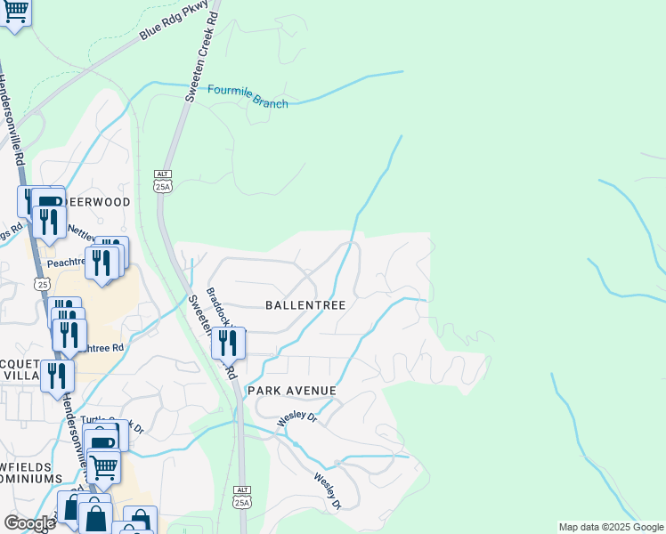 map of restaurants, bars, coffee shops, grocery stores, and more near 29 Ballantree Drive in Asheville