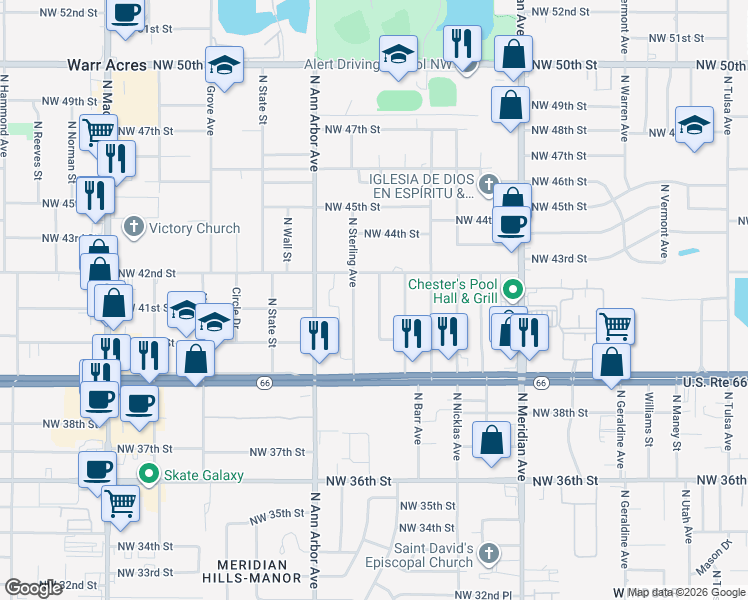 map of restaurants, bars, coffee shops, grocery stores, and more near 4204 North Sterling Avenue in Oklahoma City