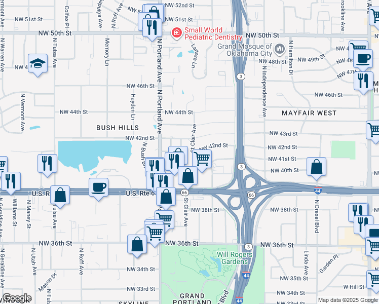 map of restaurants, bars, coffee shops, grocery stores, and more near 4305 Saint Clair Avenue in Oklahoma City