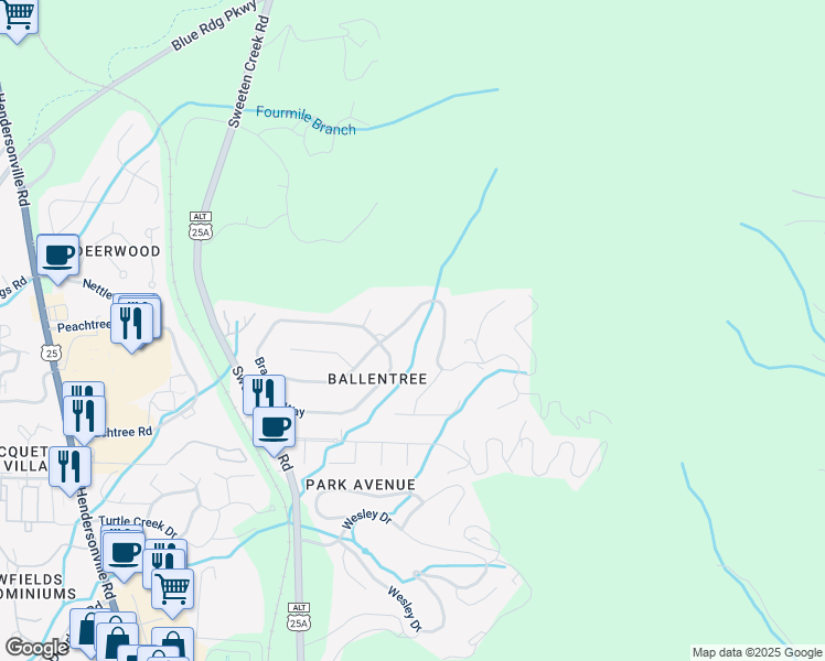 map of restaurants, bars, coffee shops, grocery stores, and more near 29 Ballantree Drive in Asheville