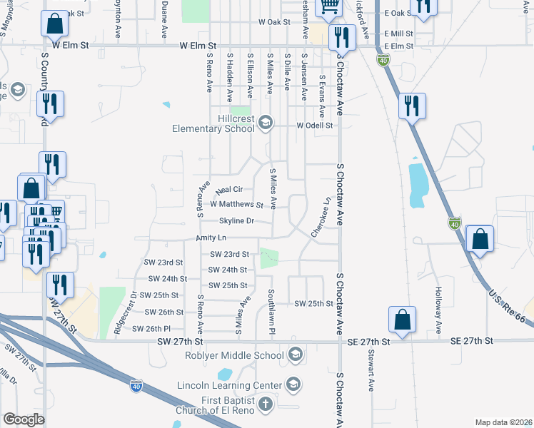 map of restaurants, bars, coffee shops, grocery stores, and more near 1502 South Miles Avenue in El Reno