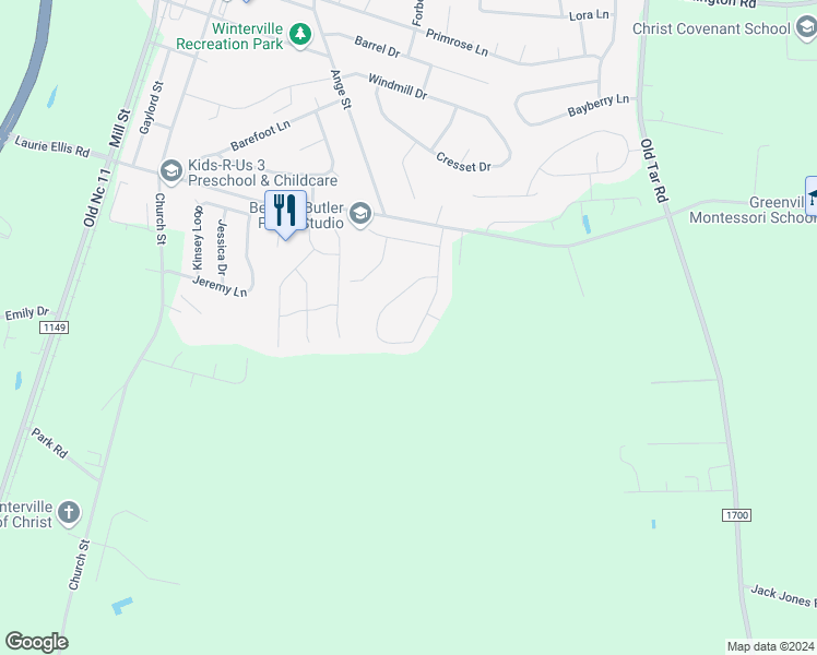 map of restaurants, bars, coffee shops, grocery stores, and more near 2898 Oakwood Drive in Winterville