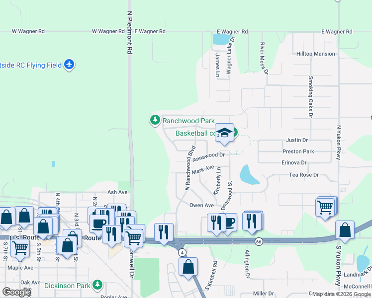 map of restaurants, bars, coffee shops, grocery stores, and more near 404 Oak Creek Drive in Yukon