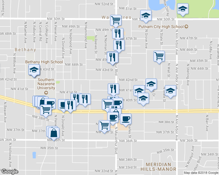 map of restaurants, bars, coffee shops, grocery stores, and more near 5915 Northwest 41st Street in Oklahoma City