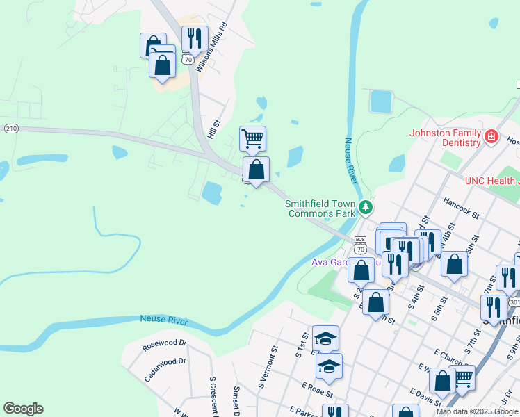 map of restaurants, bars, coffee shops, grocery stores, and more near West Market Street in Smithfield