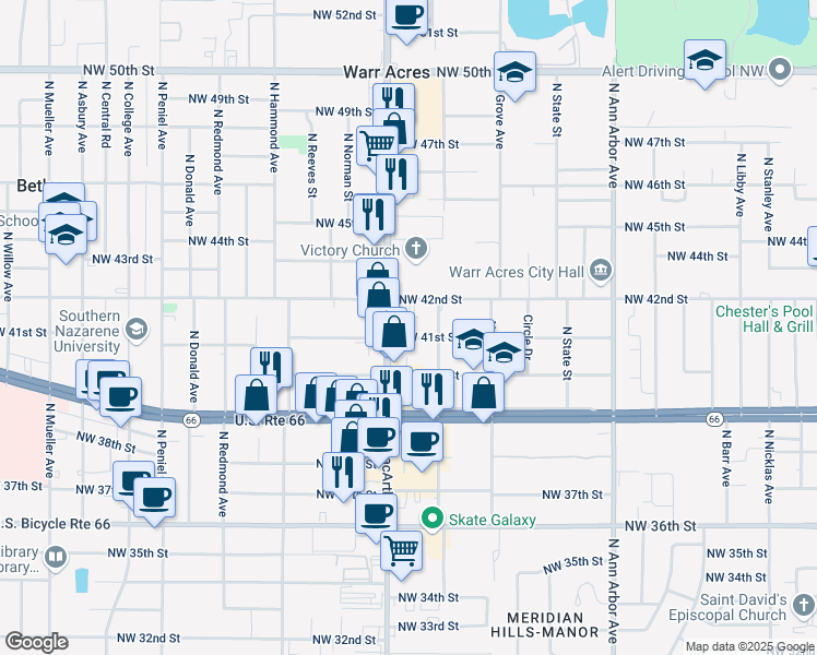 map of restaurants, bars, coffee shops, grocery stores, and more near 5815 Northwest 41st Street in Warr Acres