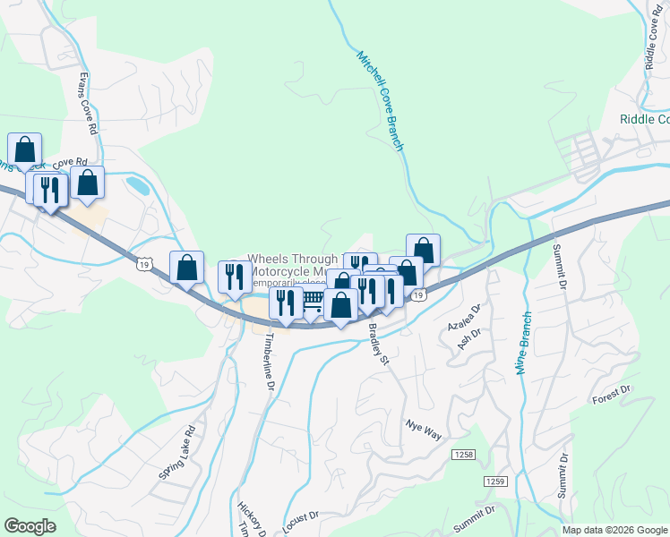 map of restaurants, bars, coffee shops, grocery stores, and more near 217 Cross Creek Drive in Maggie Valley