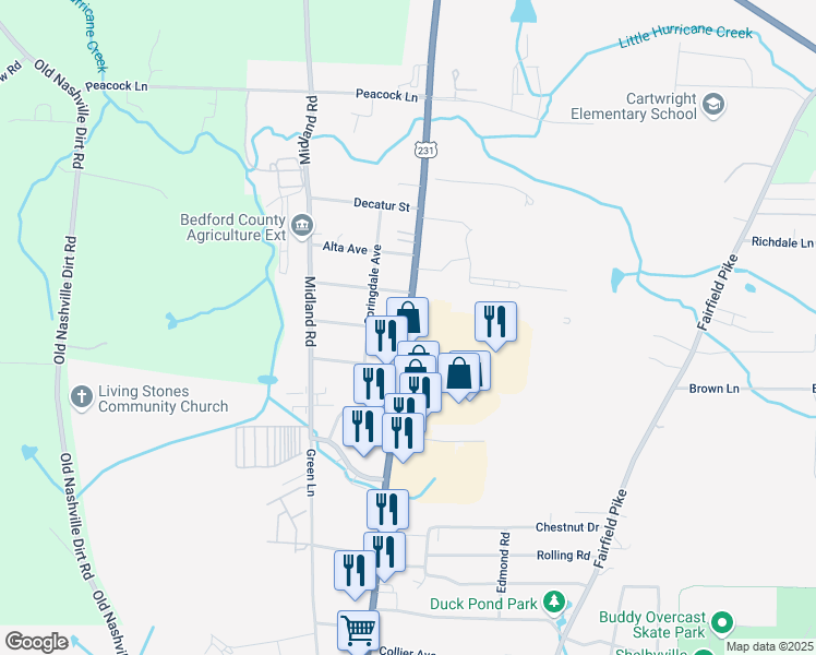 map of restaurants, bars, coffee shops, grocery stores, and more near 1900 N Main St in Shelbyville